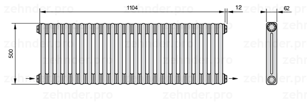 Схема (чертеж) Радиатор Zehnder Charleston 2050/24 №2670 Белый глянцевый RAL 9016